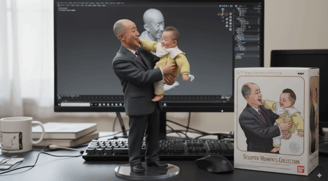 「Google AI Studio」の「Try Nano Banana」を使って、親父（祖父ではない〜）と私のモノクロ写真をカラー化しフィギア画像を作成してみた